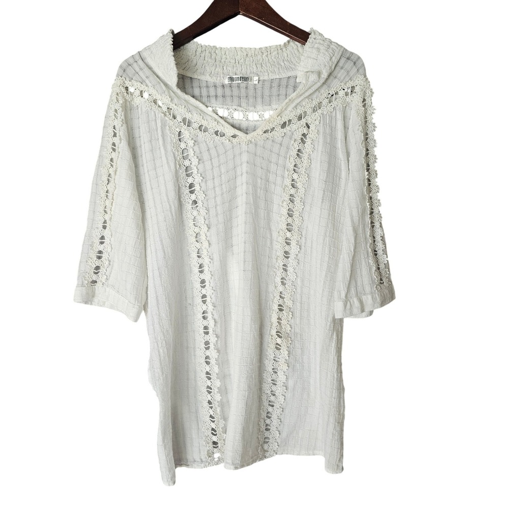 MONORENO White Crochet Detail V Neck Tunic Top Womens Size L